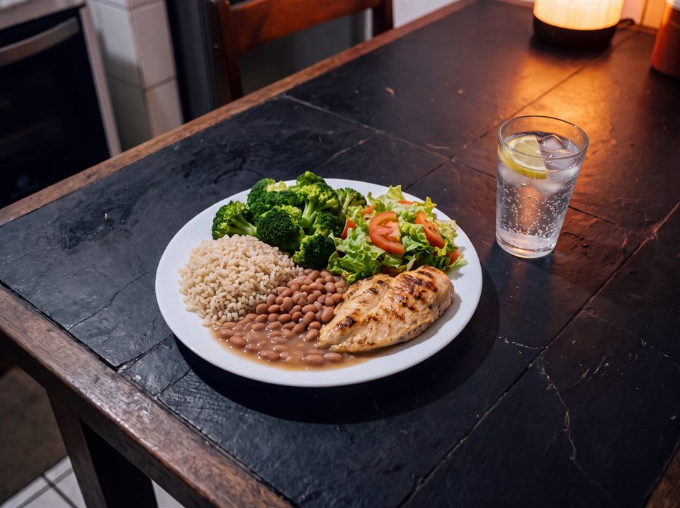 Prato cheio com brócolis, arroz integral, feijão, frango grelhado, salada e água com gás e limão