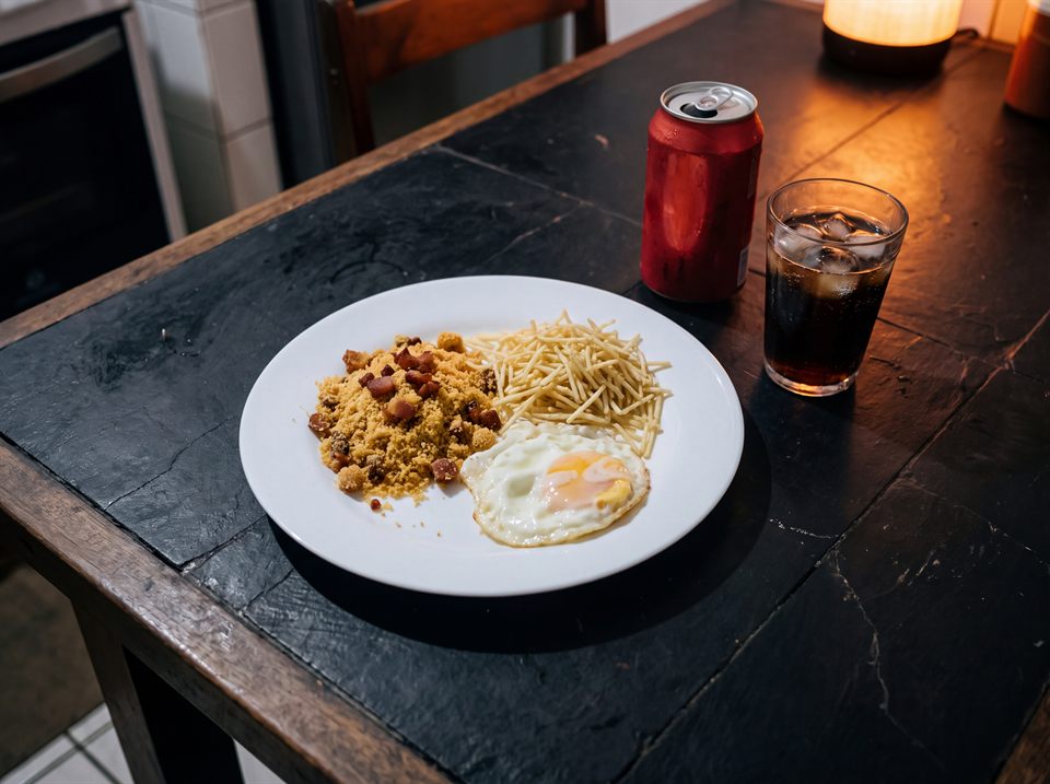 Prato pequeno com farofa, batata palha, ovo frito e um copo de refrigerante